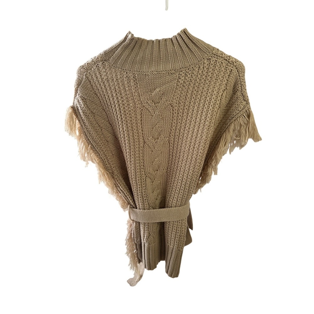 SAGE Womens Tan Knit Poncho Sweater Mock Neck Fringe Belted Cable‎ Knit M - Picture 4 of 7